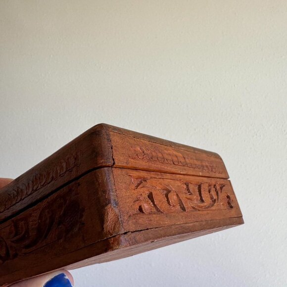 Hand Carved Floral Wooden Trinket Box, Bone Flower Inlay - Picture 8 of 8